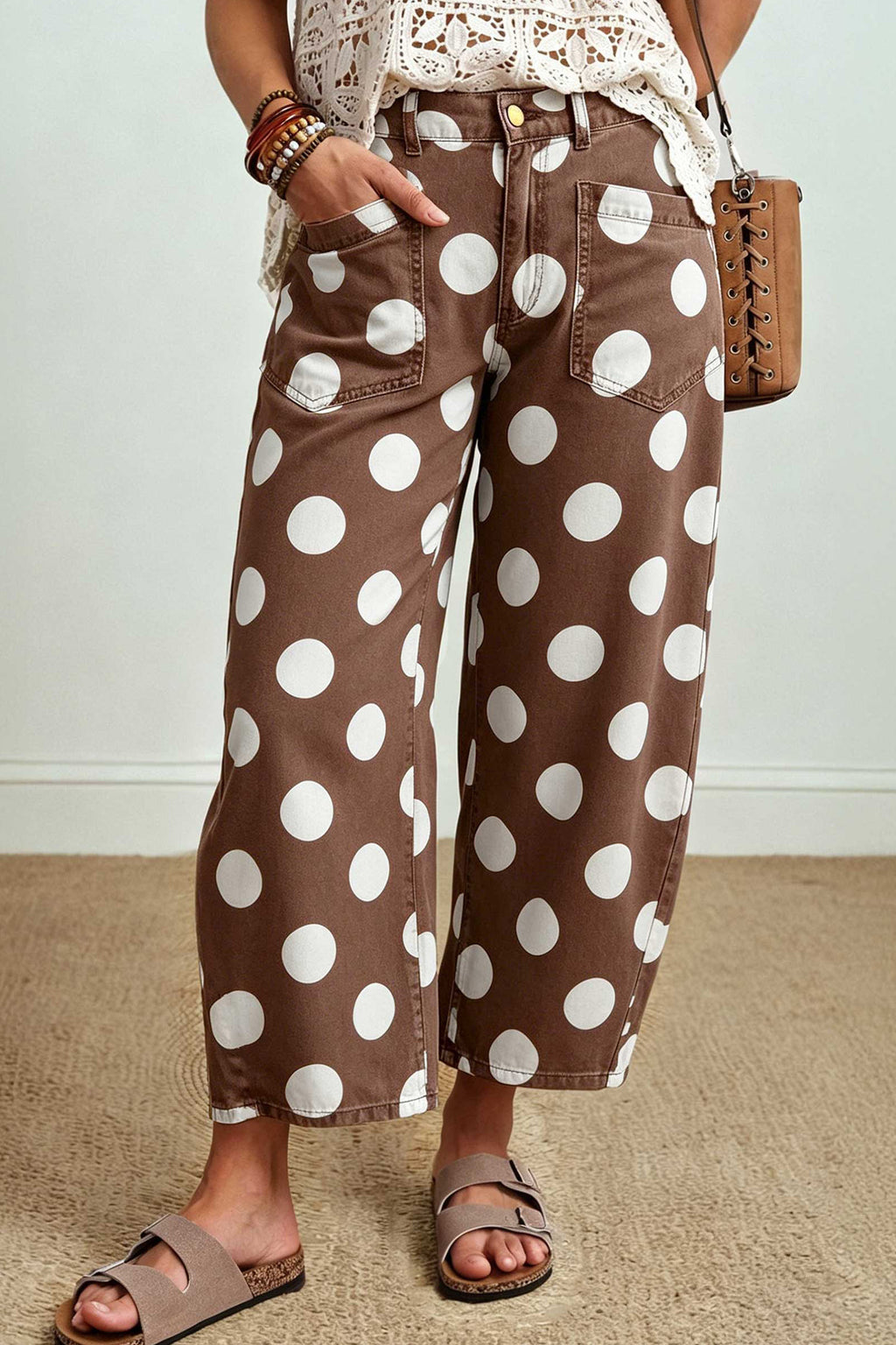 Brown Polka Dot Cropped Barrel-Leg Jeans from ARVELA