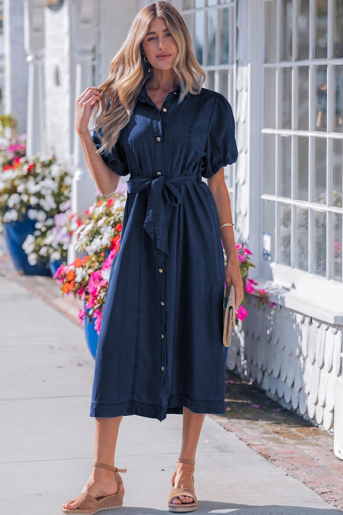 Blue Button-Front Puff-Sleeve Denim Midi Dress
