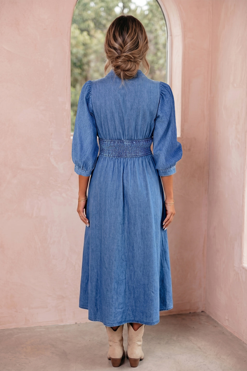 Blue V-Neck Zip-Front Denim Midi Dress