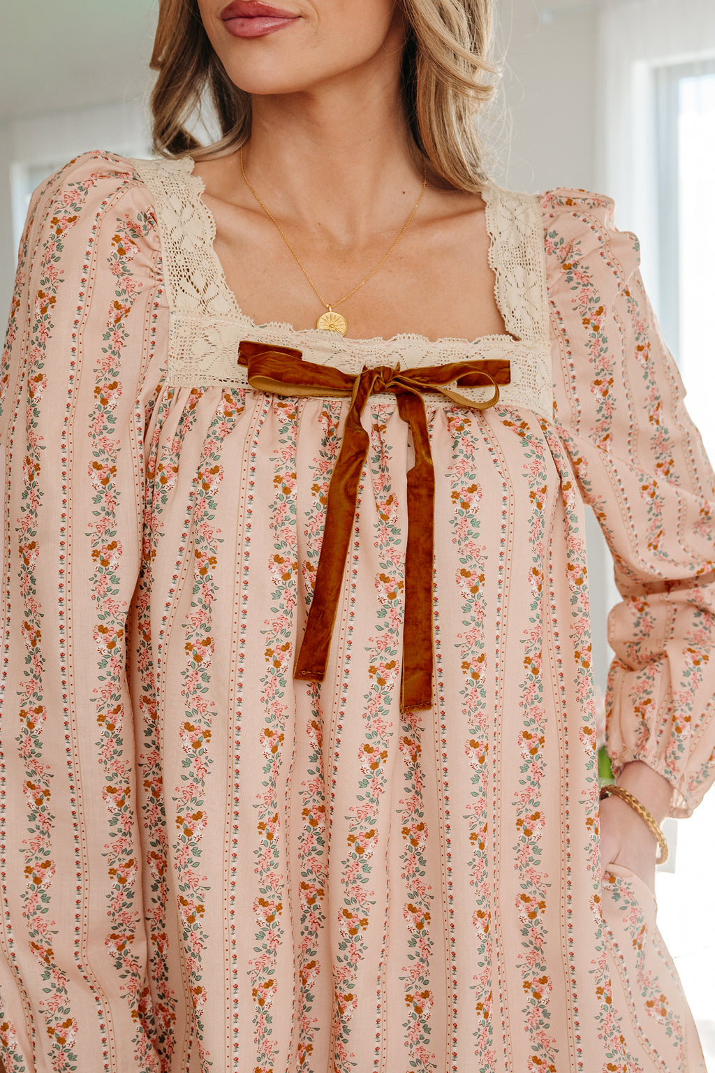 Khaki Floral Lace-Trim Bow Mini Dress