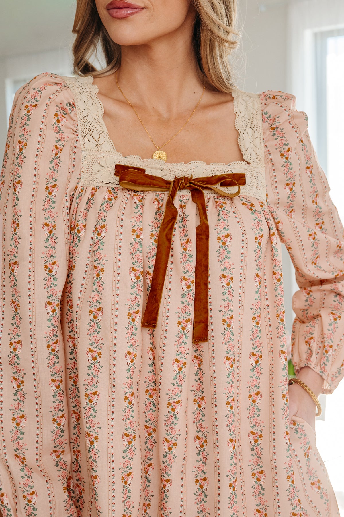 Khaki Floral Lace-Trim Bow Mini Dress