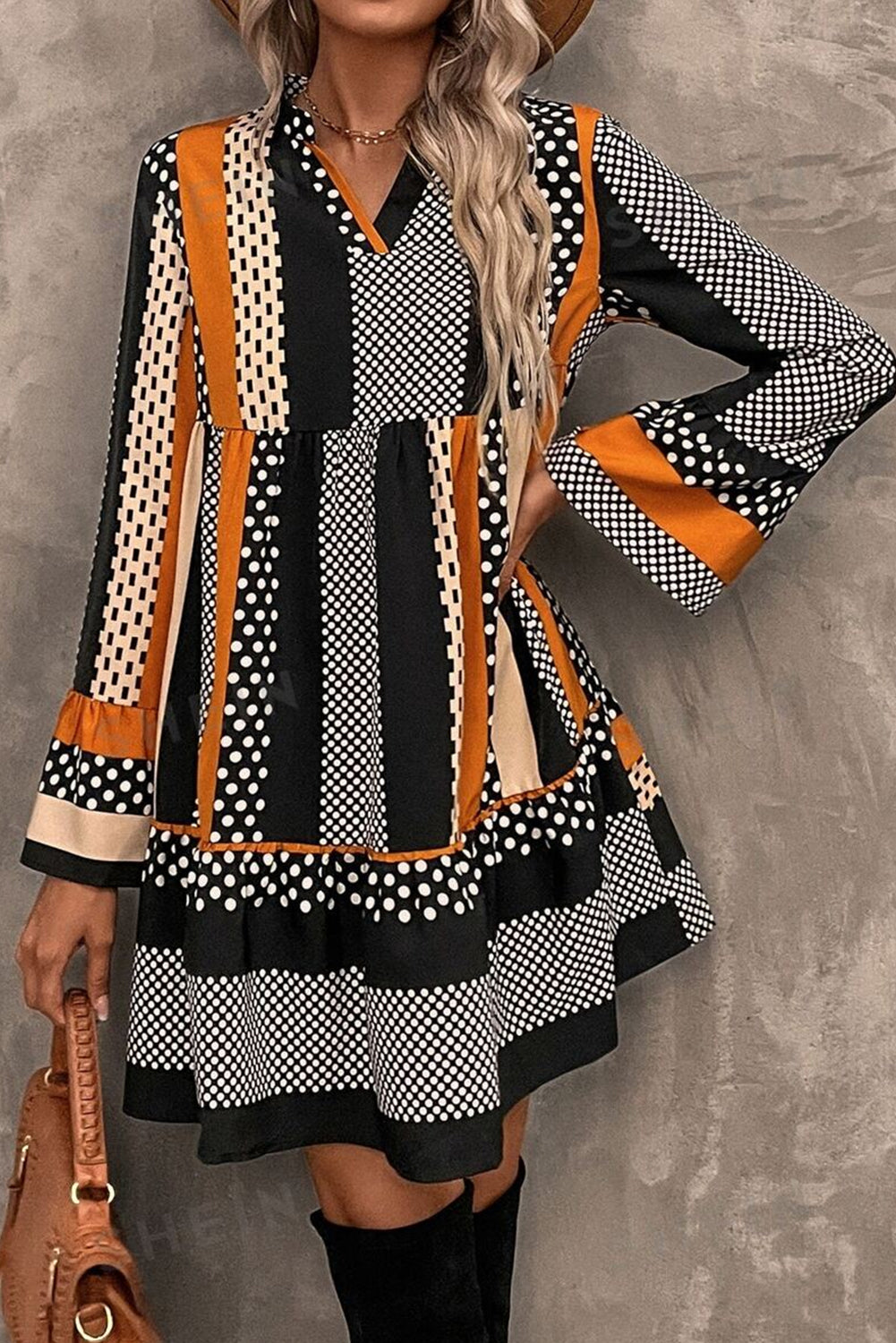 Black Striped Polka Dot V-Neck Mini Dress from ARVELA