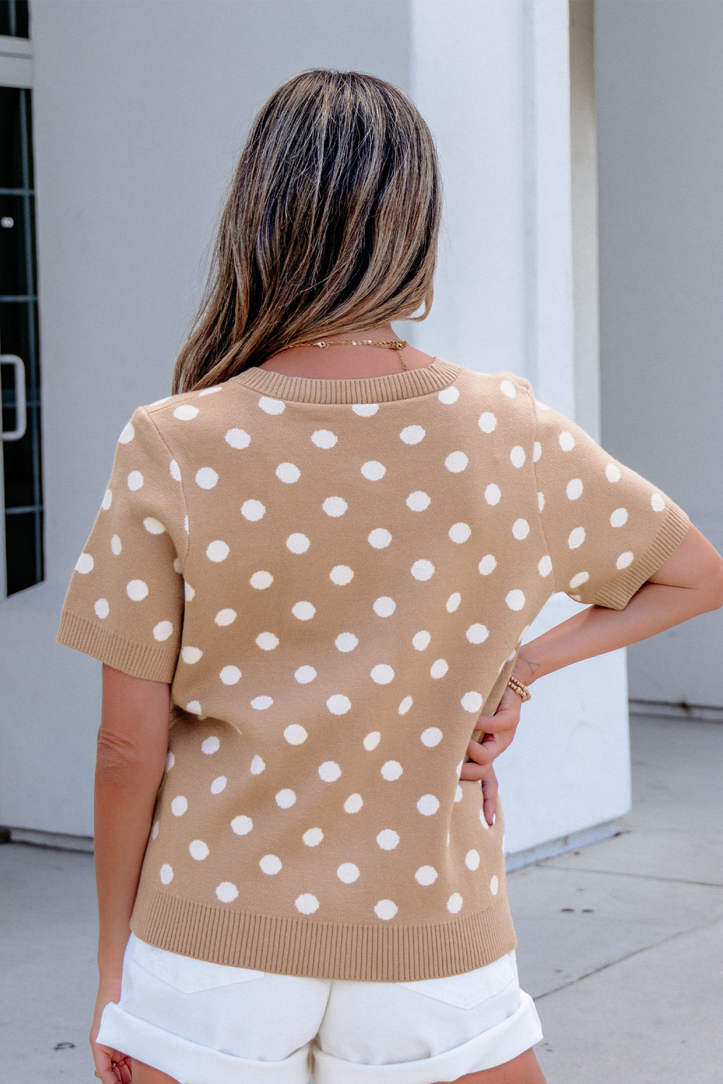 Dark Khaki Polka Dot Short-Sleeve Knit Cardigan