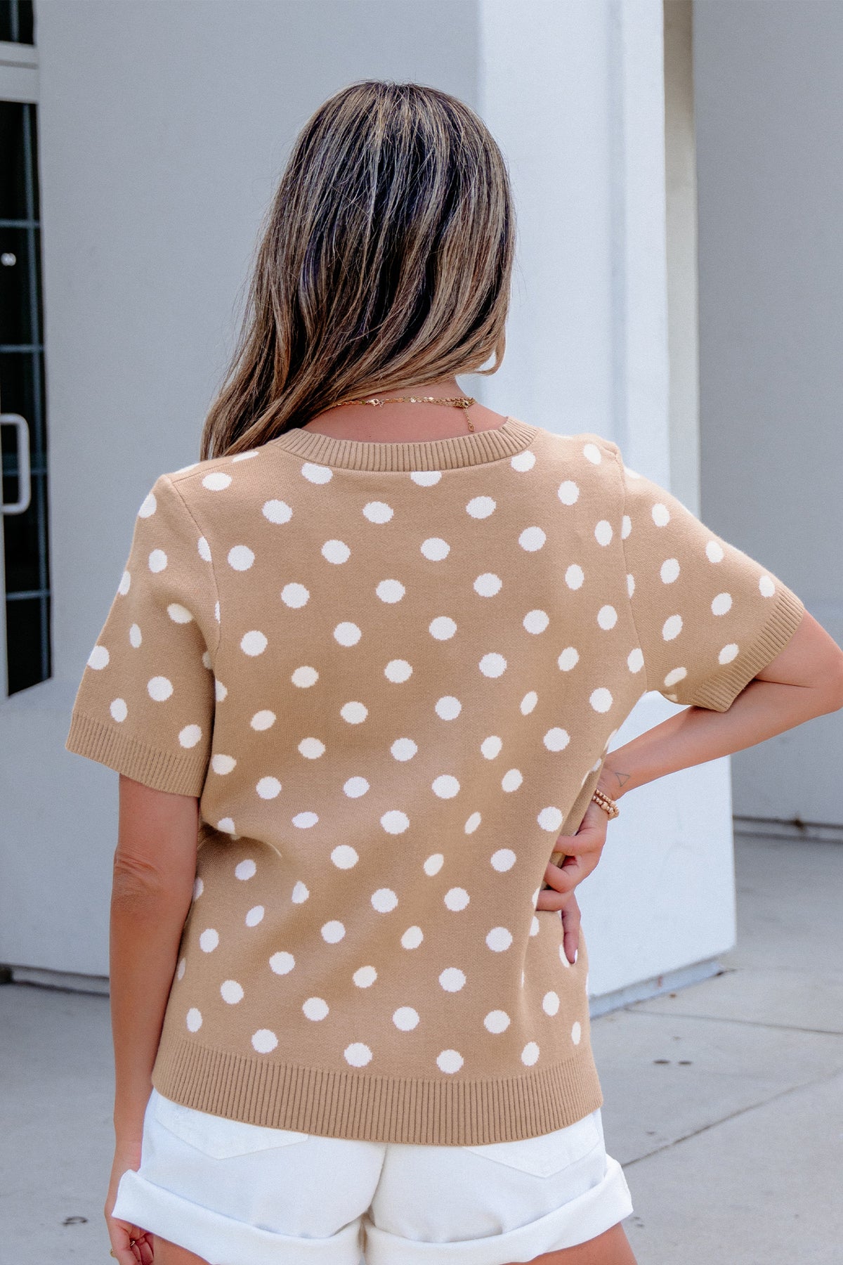 Dark Khaki Polka Dot Short-Sleeve Knit Cardigan