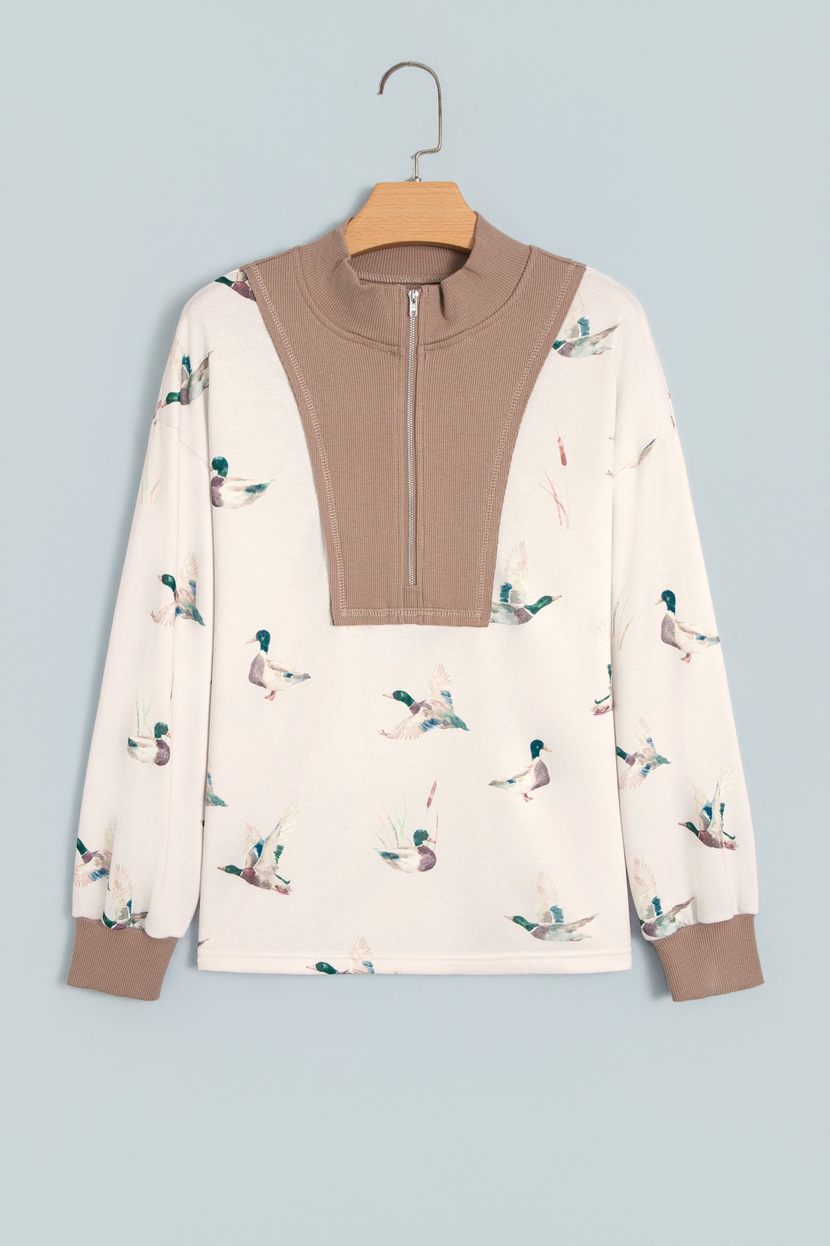 Beige Duck-Print Colorblock Zip-Neck Top
