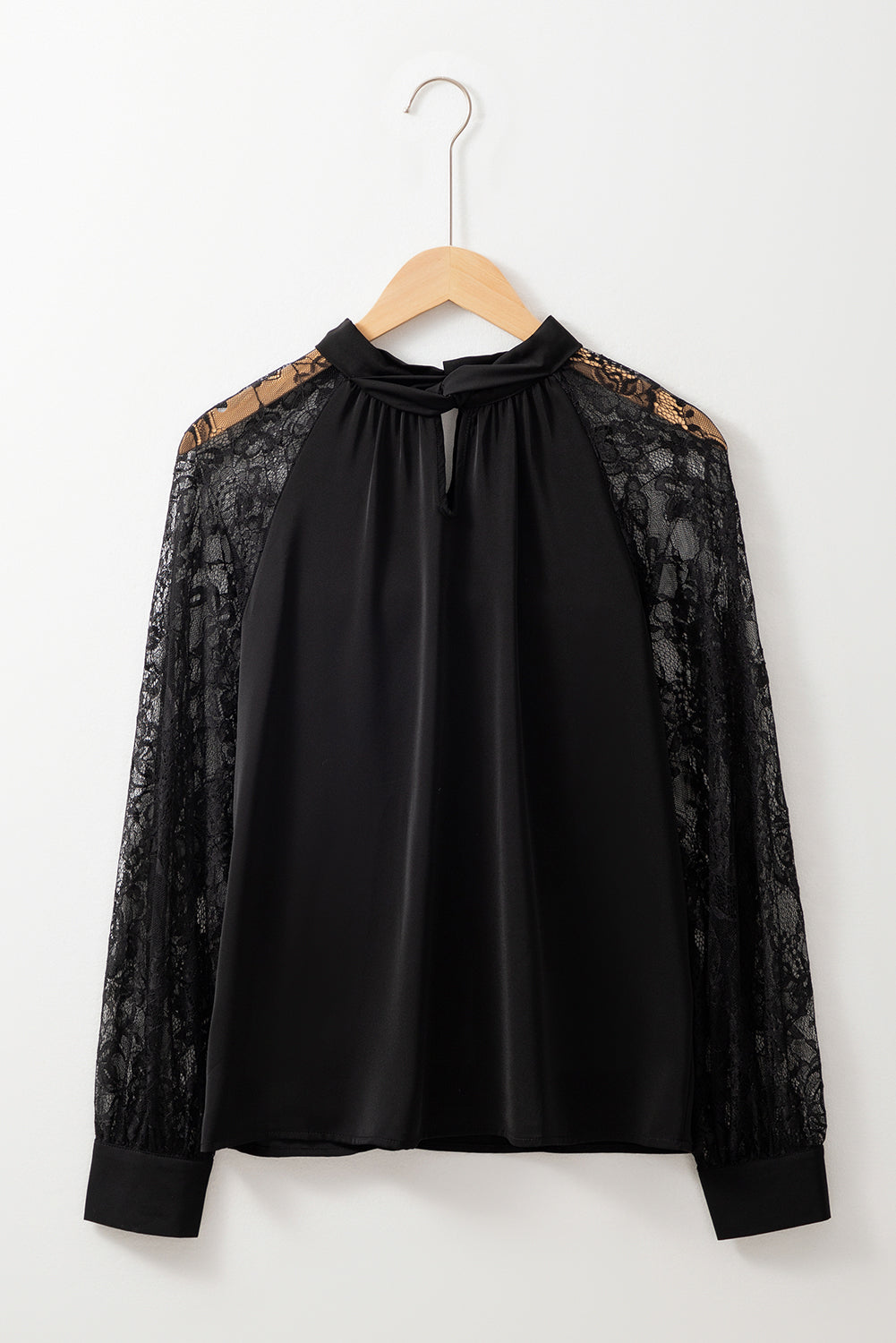 Black Floral-Lace Keyhole-Neck Blouse
