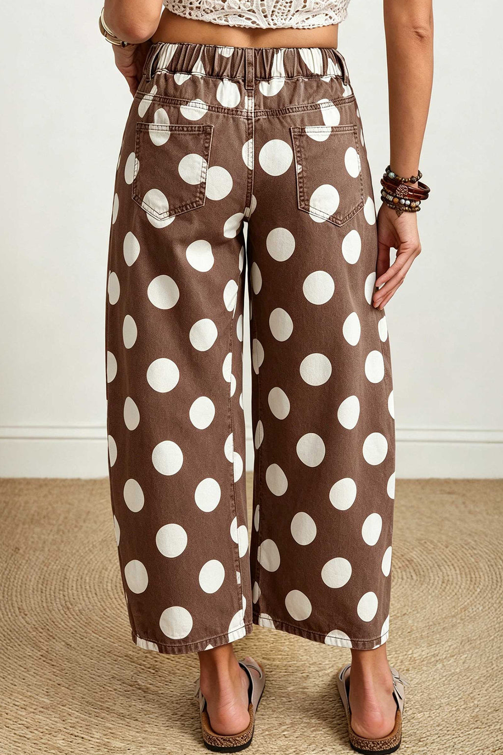 Brown Polka Dot Cropped Barrel-Leg Jeans