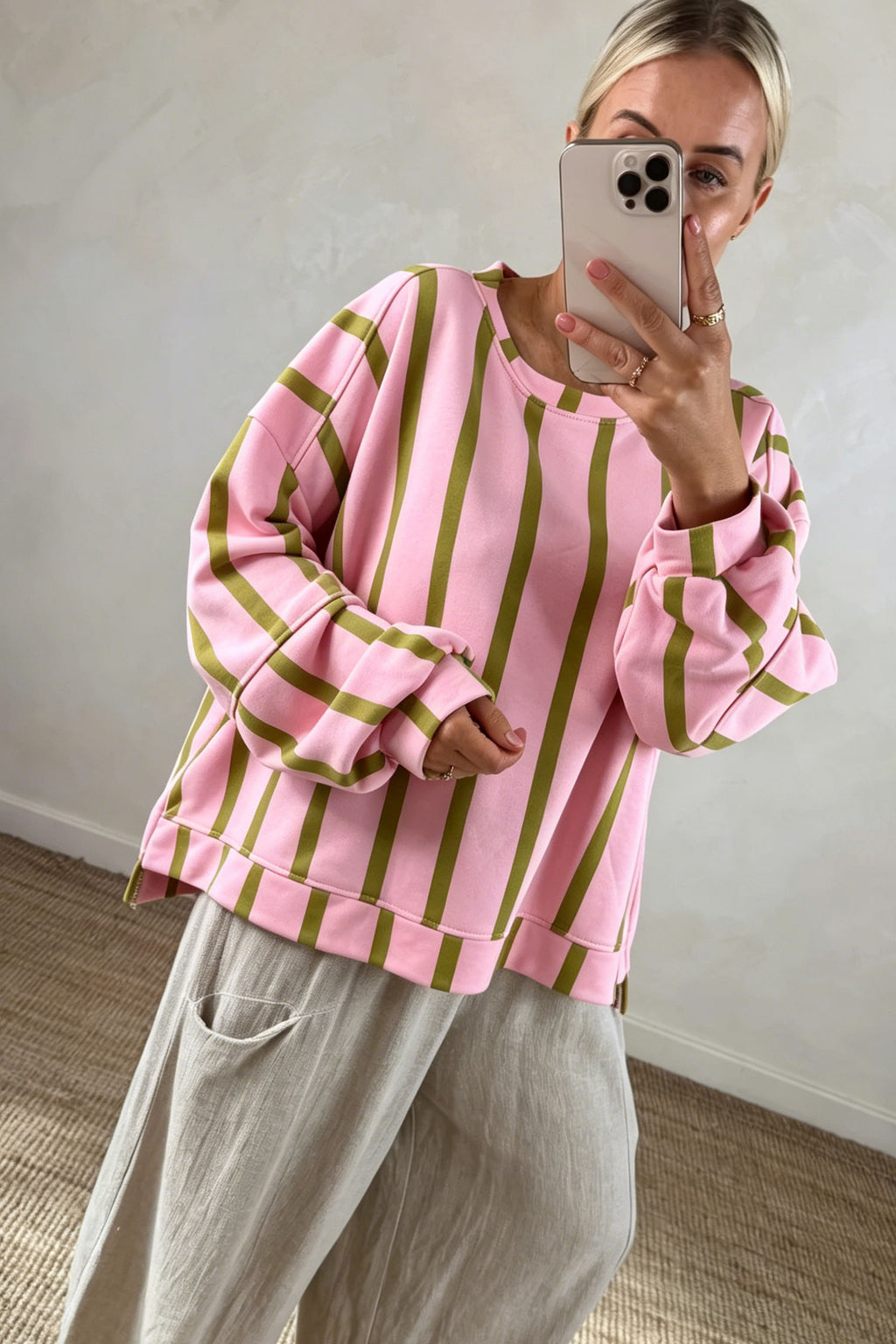 Green Striped Drop-Shoulder Crewneck Sweatshirt