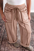 Brown Plaid Drawstring Casual Pants from ARVELA