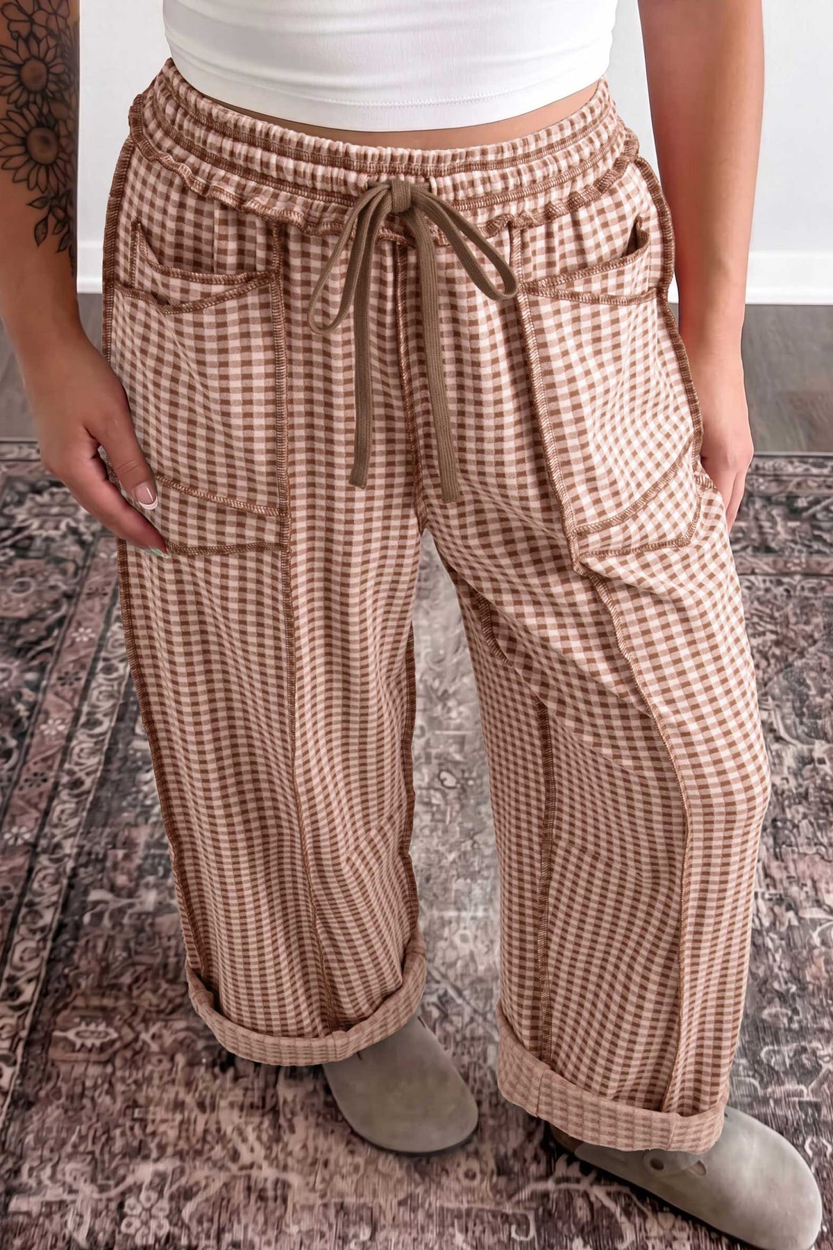 Brown Plaid Drawstring Casual Pants from ARVELA