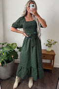 Green Plaid Square-Neck Ruffle Maxi Dress from ARVELA