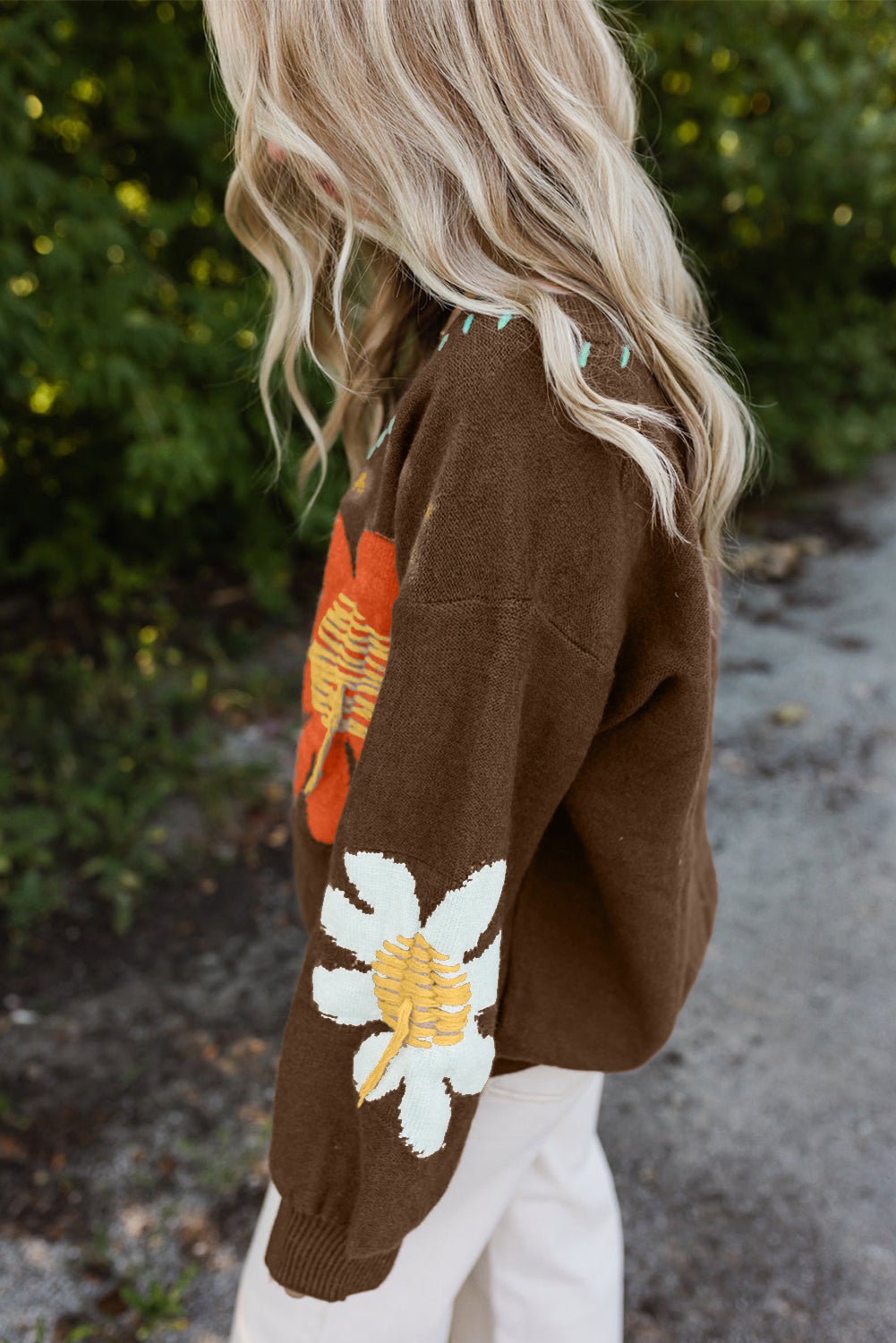 Coffee Brown Floral V-Neck Knit Sweater