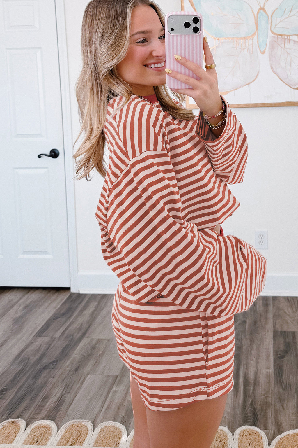 Brown Striped Long-Sleeve Top & Shorts Set
