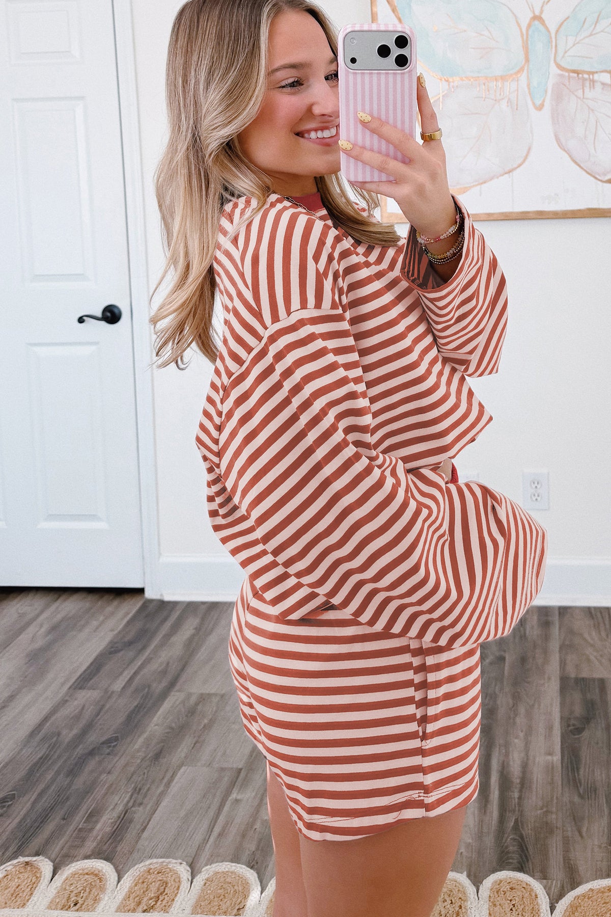 Brown Striped Long-Sleeve Top & Shorts Set