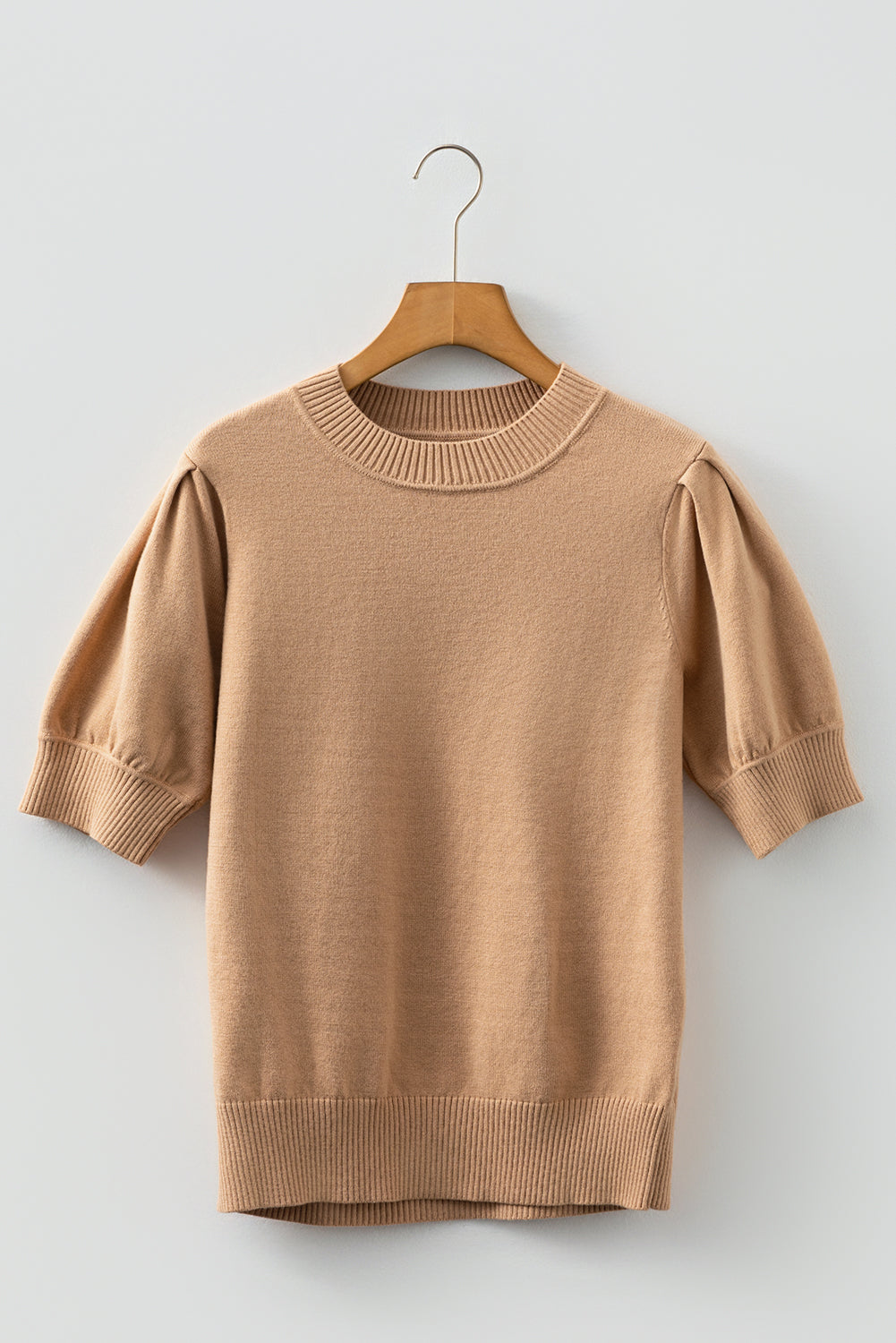 Light Beige Puff-Sleeve Knit Sweater Top