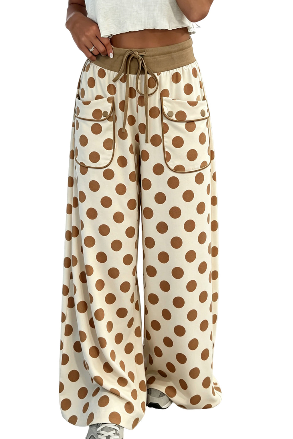 Khaki Polka Dot Wide-Leg Drawstring Pants