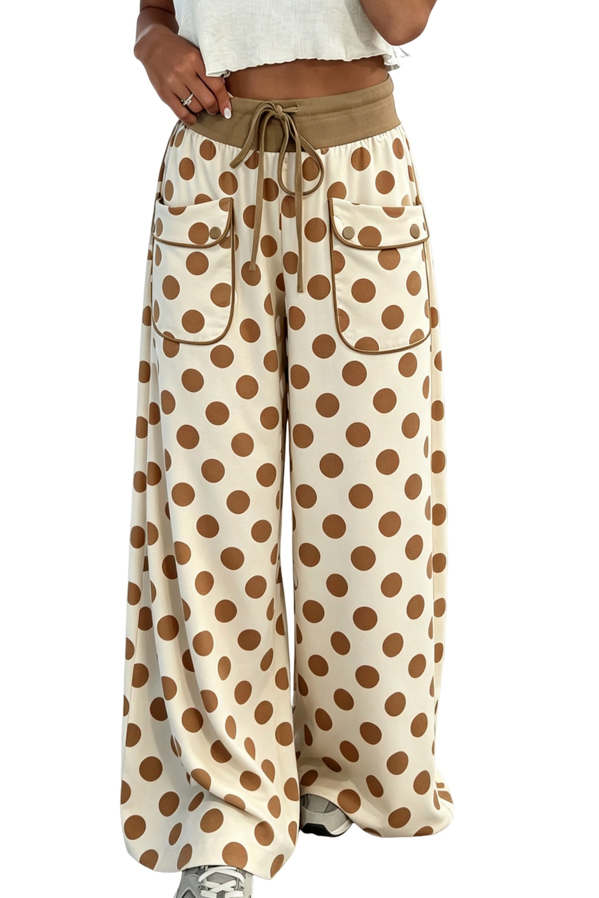 Khaki Polka Dot Wide-Leg Drawstring Pants