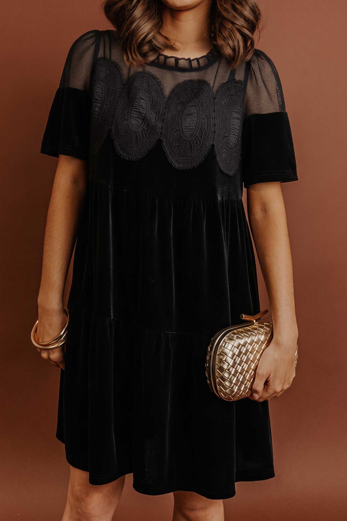 Black Embroidered Velvet Short-Sleeve Mini Dress from ARVELA
