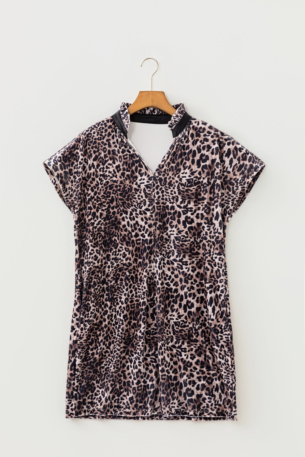Brown Leopard-Print Short-Sleeve Shift Mini Dress