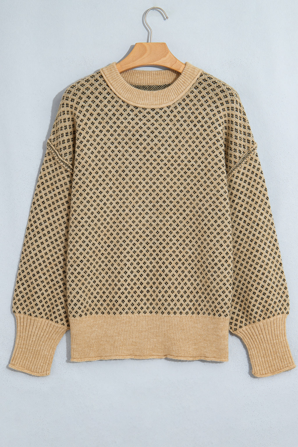 Khaki Geometric-Print Drop-Shoulder Sweater