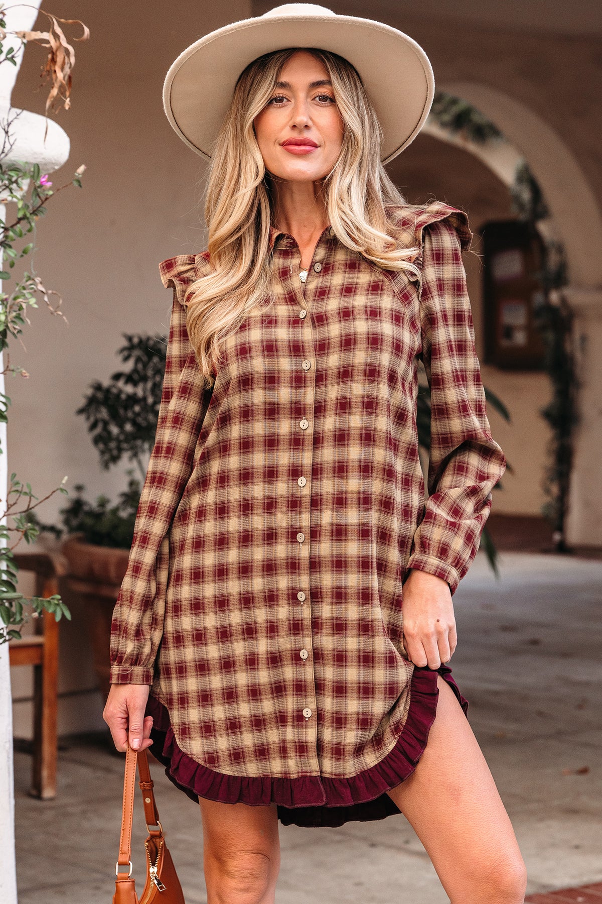 Red Plaid Ruffle Long-Sleeve Mini Shirt Dress from ARVELA