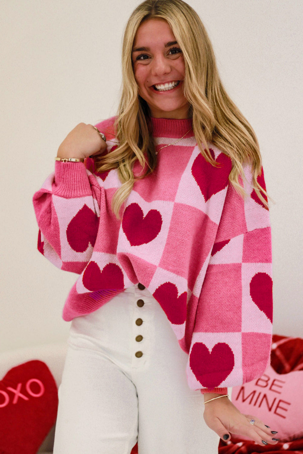 Pink Heart Checkered Crewneck Sweater
