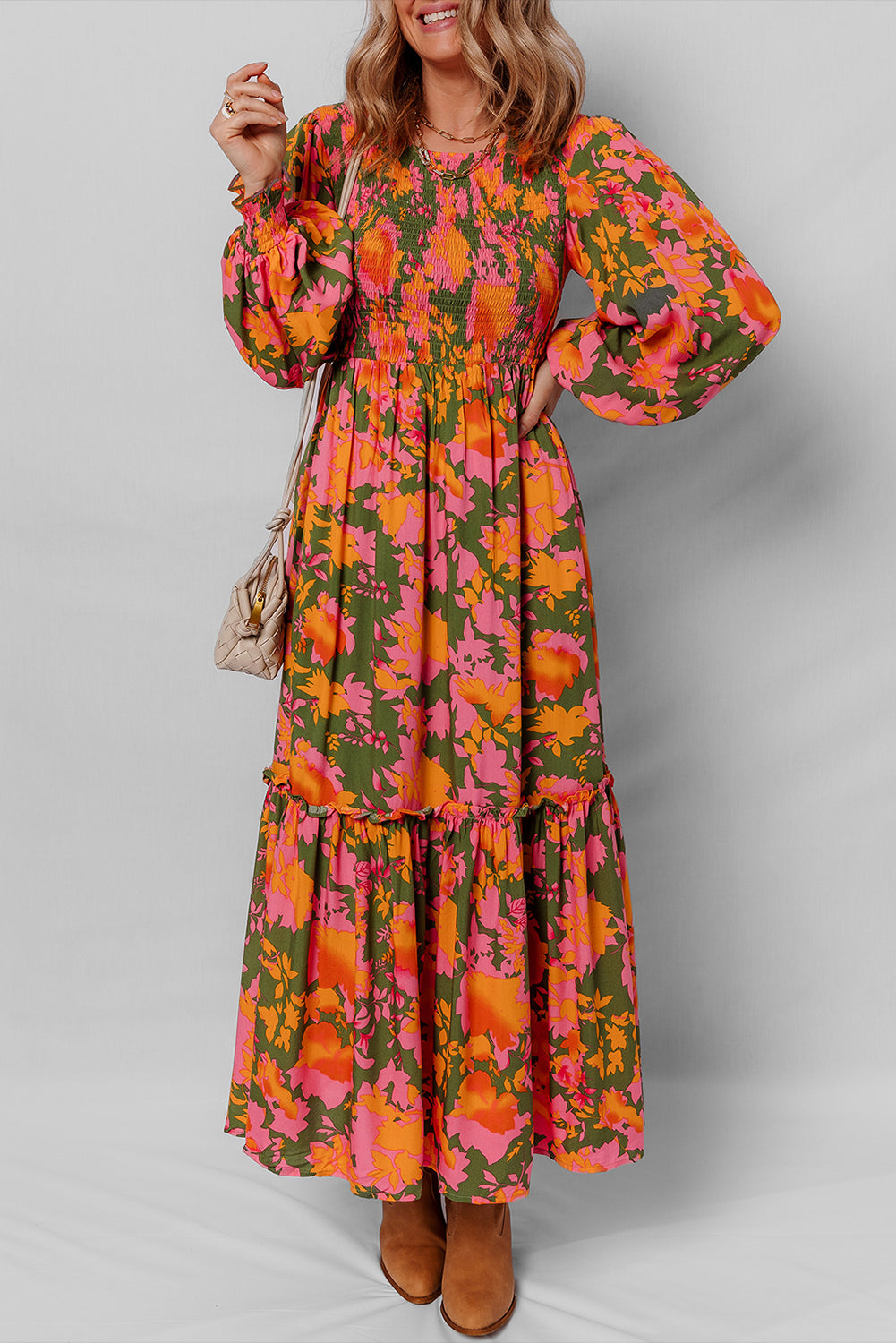 Orange Floral Smocked Puff-Sleeve Maxi Dress from ARVELA