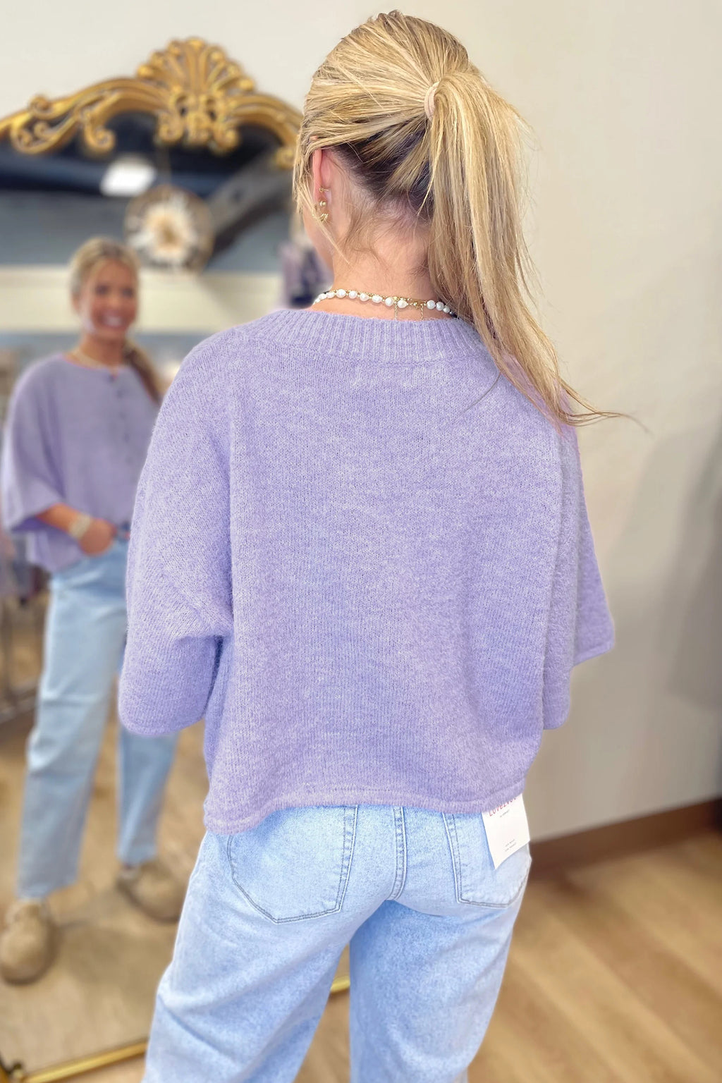 Lavender Boxy Three-Quarter Sleeve Cardigan