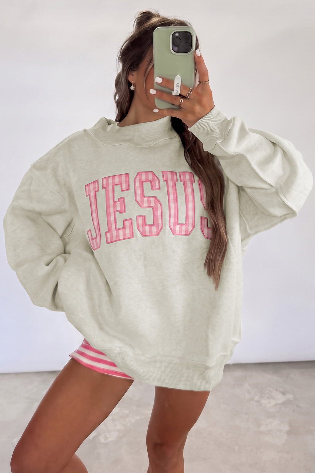 Gray Polka Dot Slogan Mock-Neck Sweatshirt