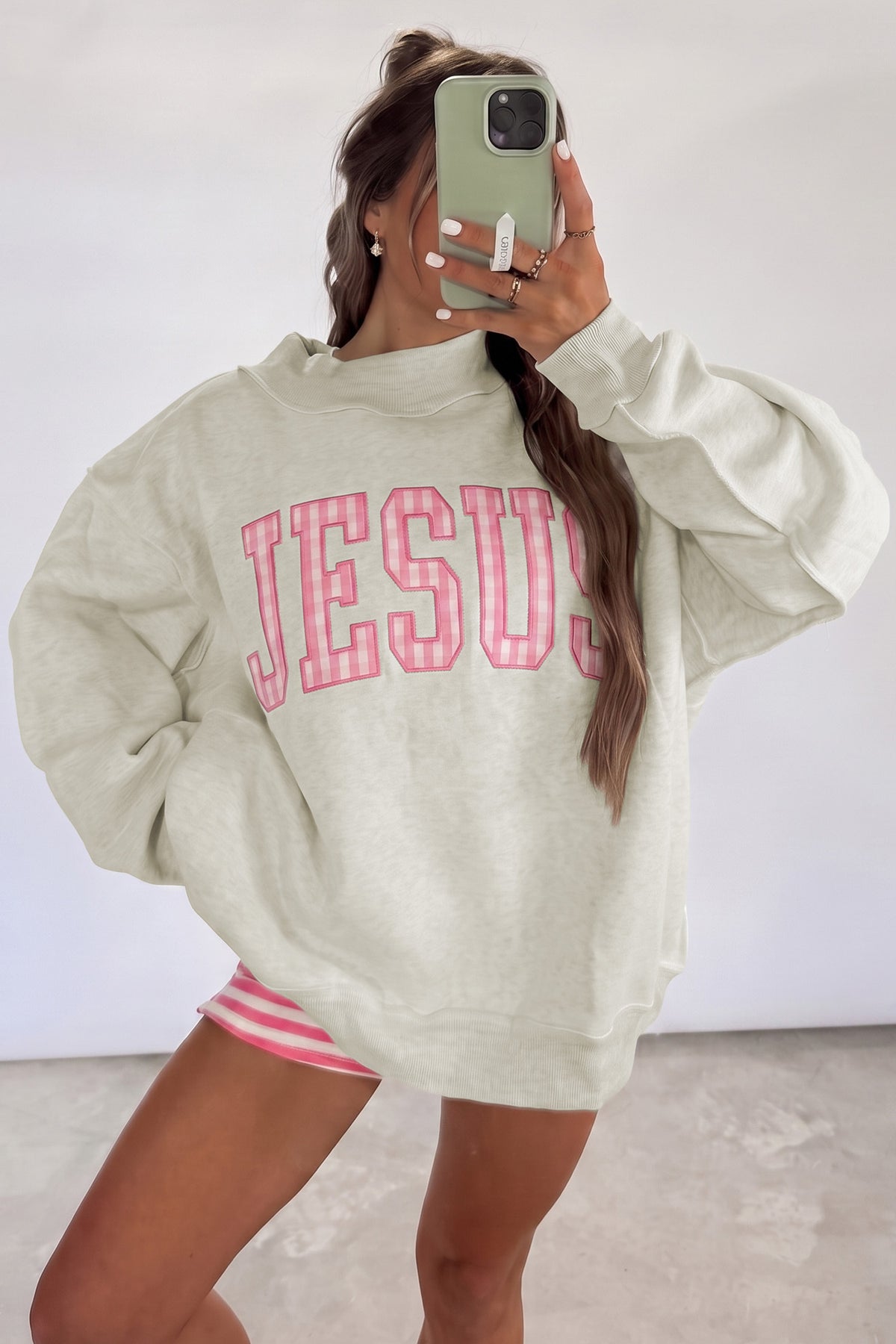 Gray Polka Dot Slogan Mock-Neck Sweatshirt