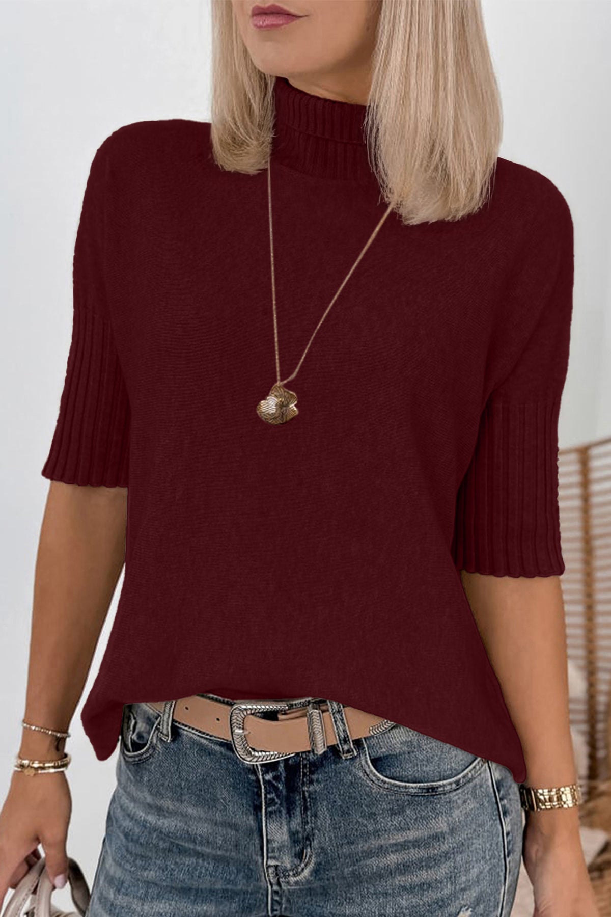 Beige Ribbed Mock-Neck Short-Sleeve Sweater