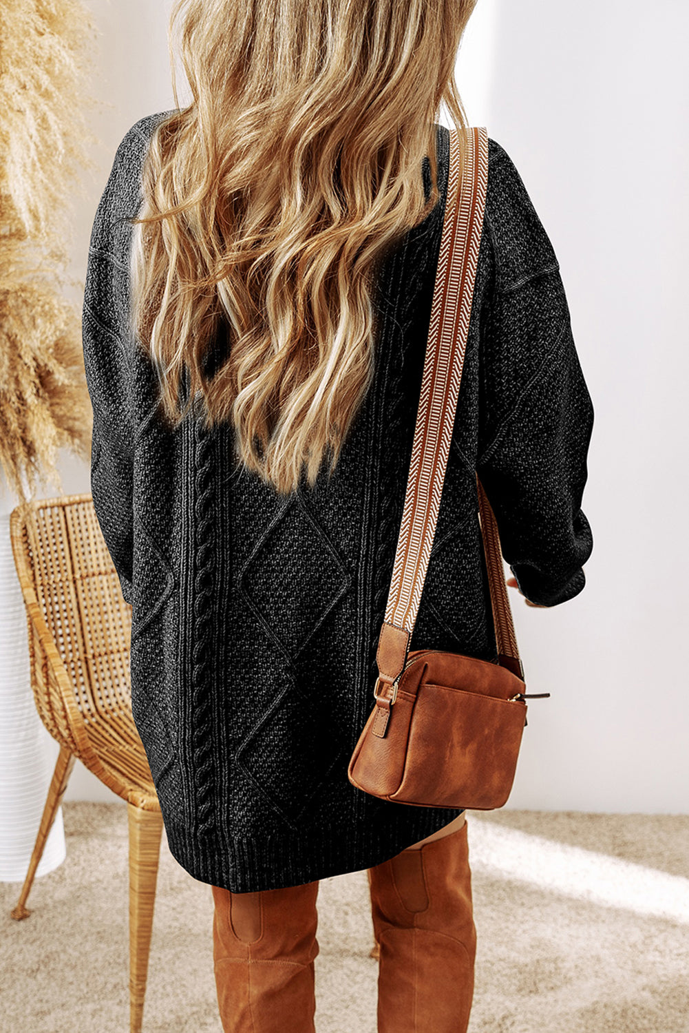 Black Cable-Knit Relaxed Sweater Dress