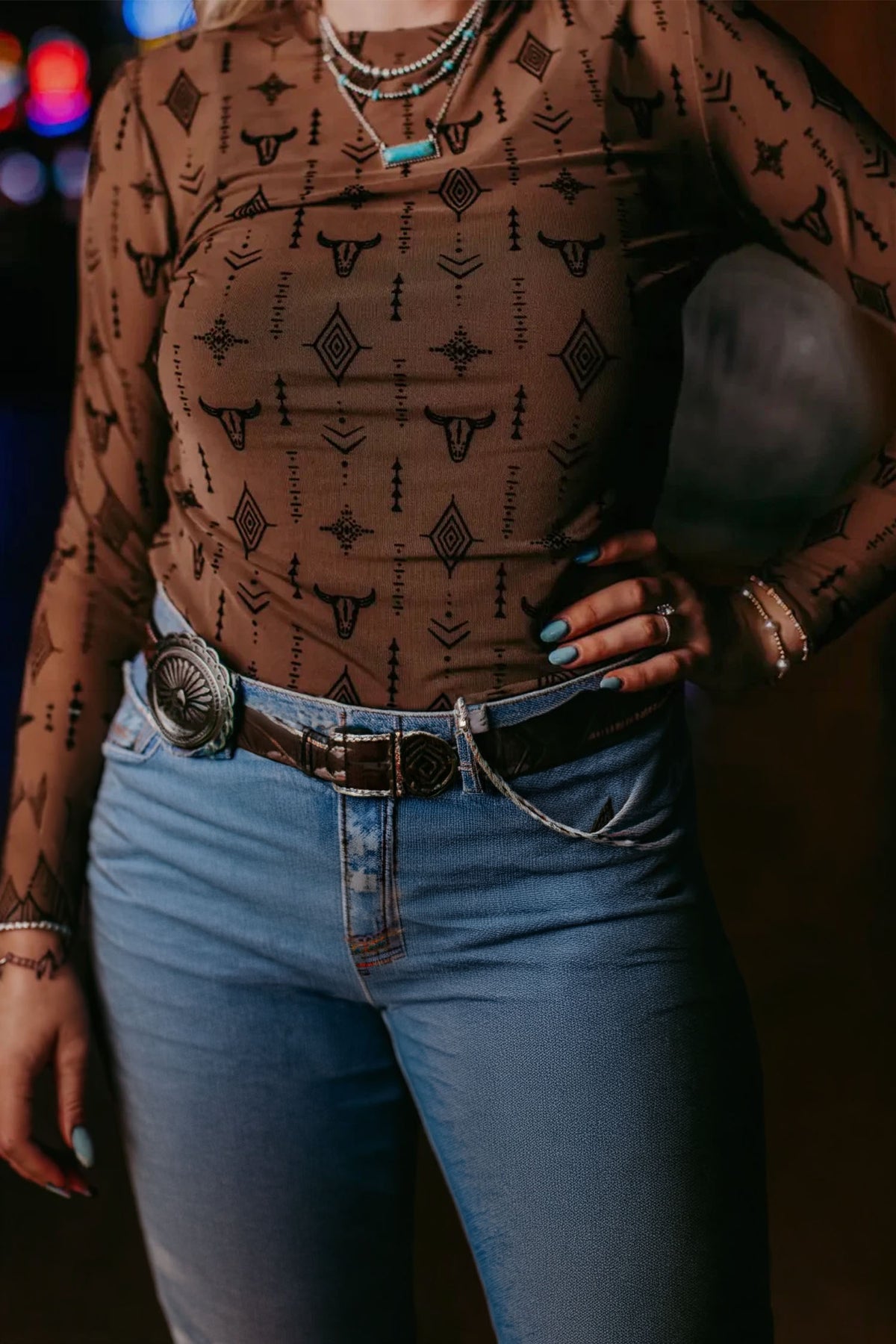Chestnut Western-Print Long-Sleeve Mesh Top