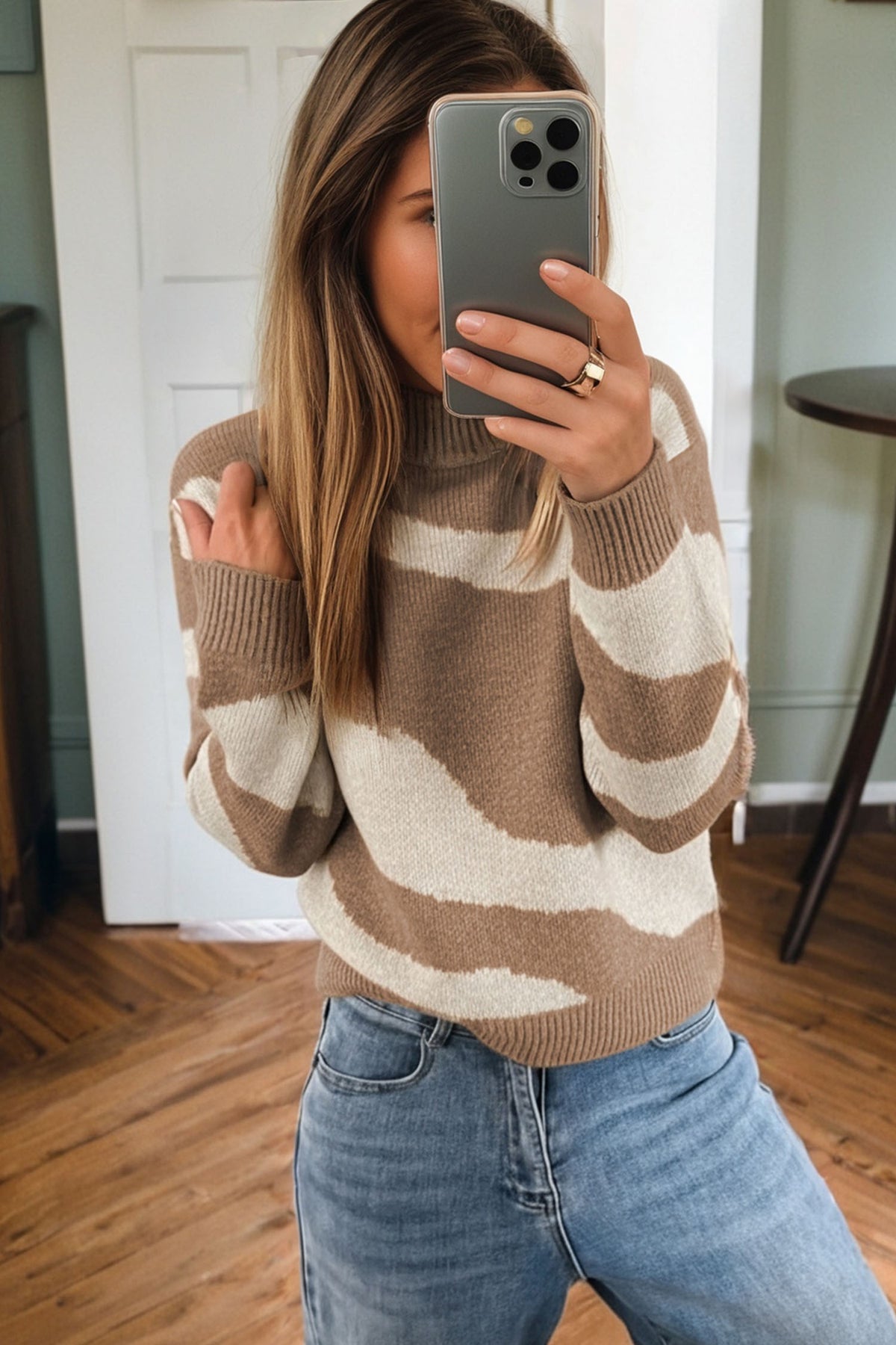 Dark Khaki Abstract Mock-Neck Knit Sweater