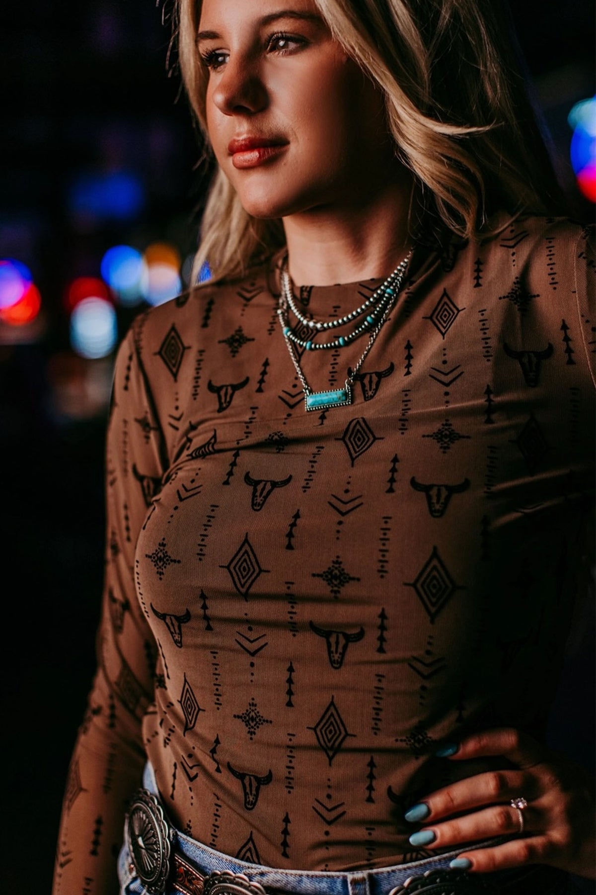 Chestnut Western-Print Long-Sleeve Mesh Top