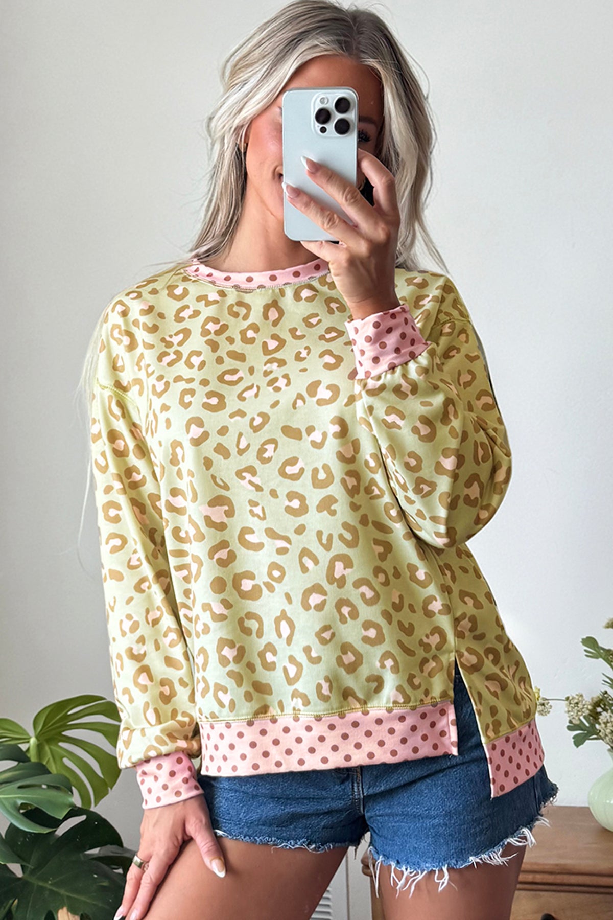 Pink Leopard Polka Dot Long-Sleeve Top