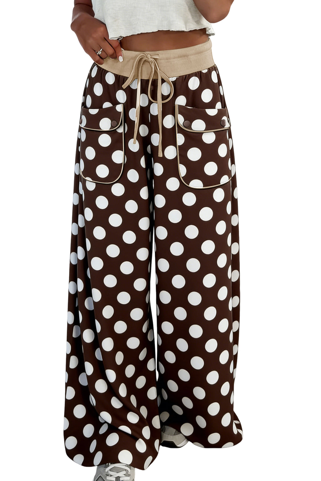 Khaki Polka Dot Wide-Leg Drawstring Pants