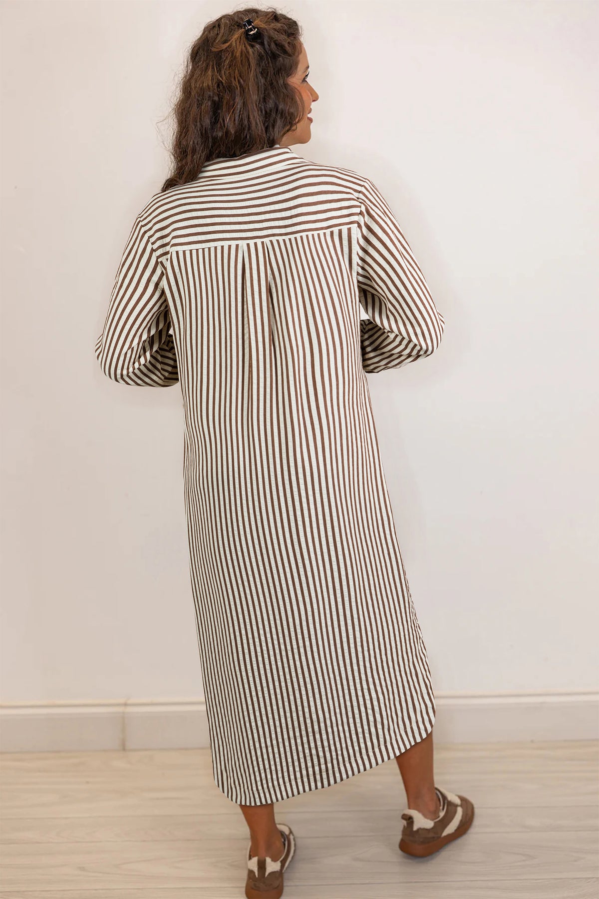 Brown Striped Textured Midi Shirt Dress