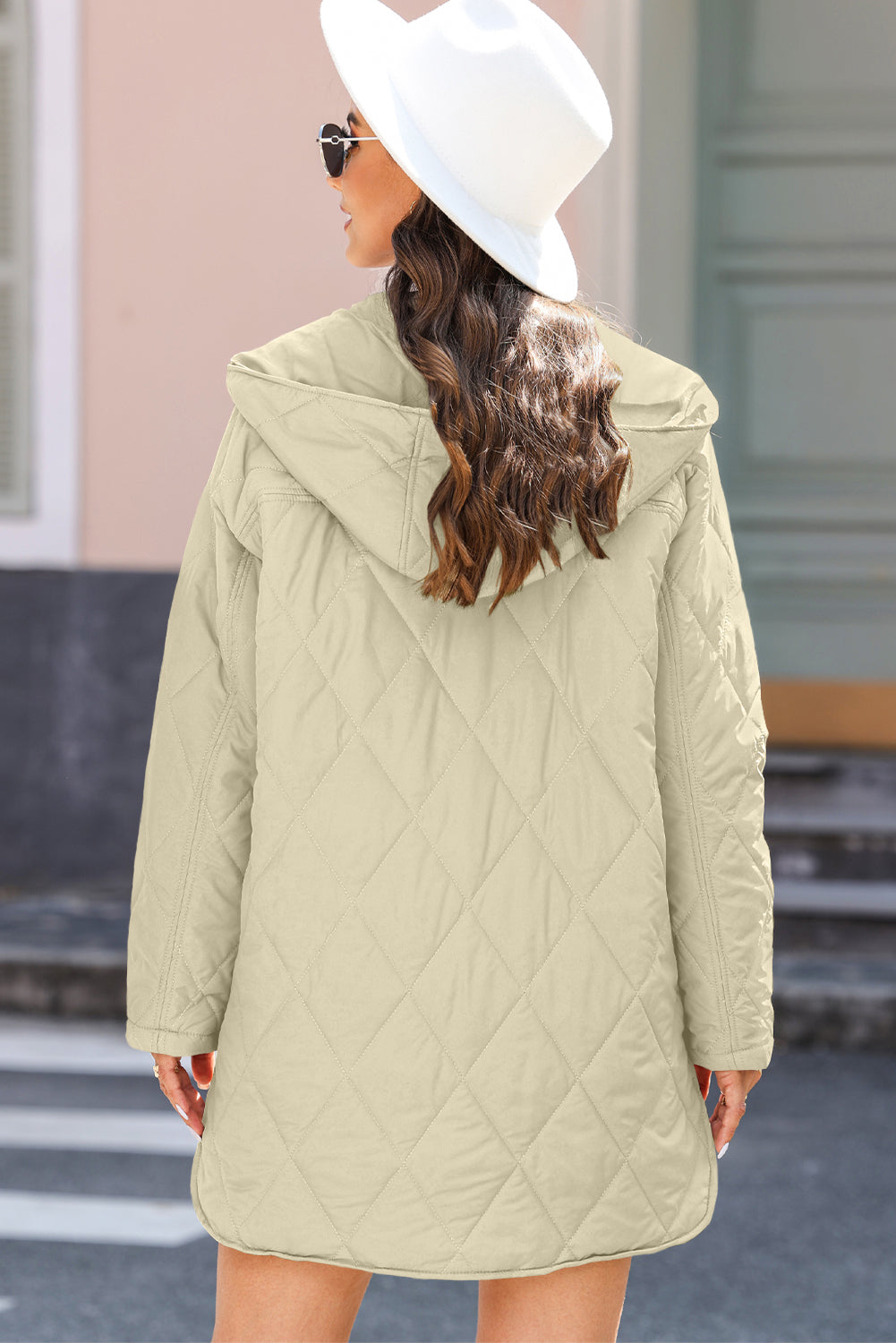 Beige Quilted Hooded Snap-Button Jacket