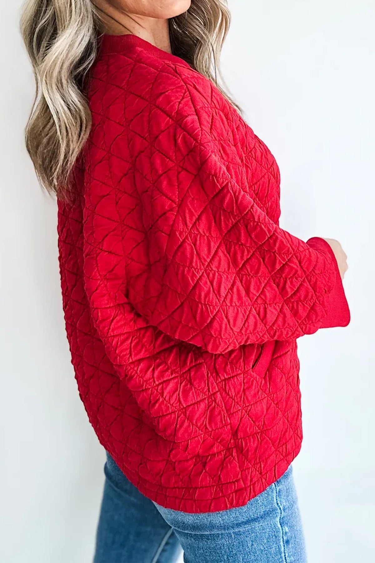 Red Quilted Three-Quarter Sleeve Pocket Top