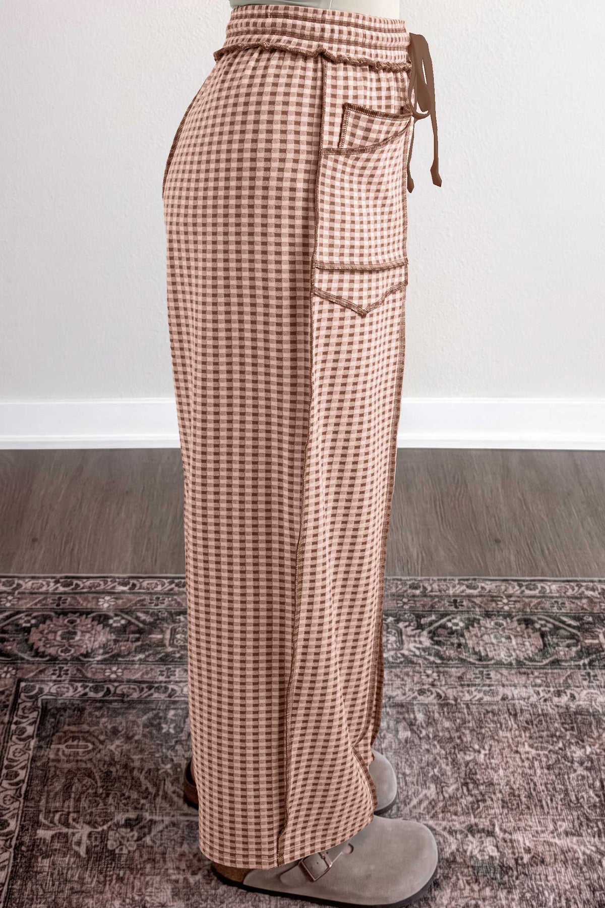 Brown Plaid Drawstring Casual Pants