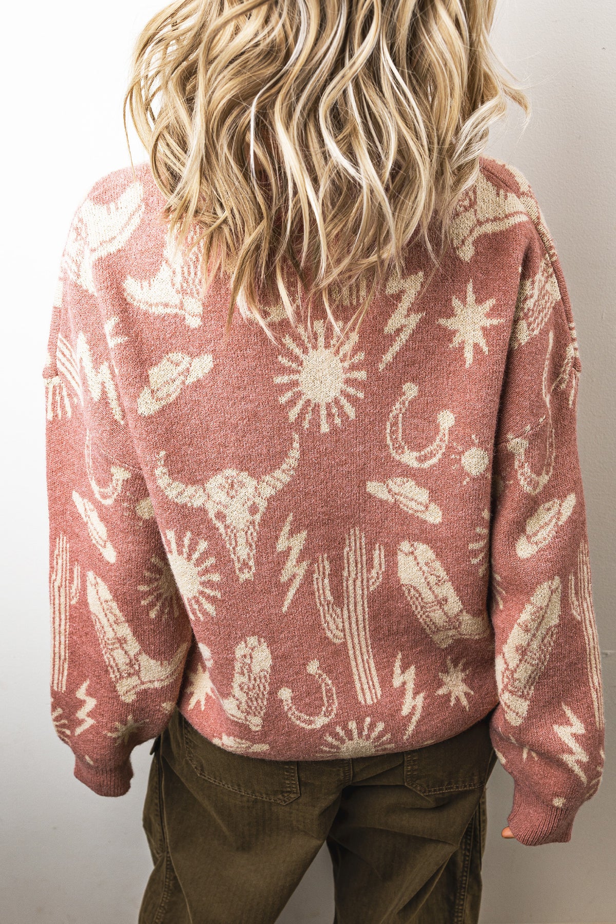 Peach Pink Western-Print Crewneck Sweater