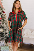Green Plaid Button-Front Short-Sleeve Mini Dress from ARVELA