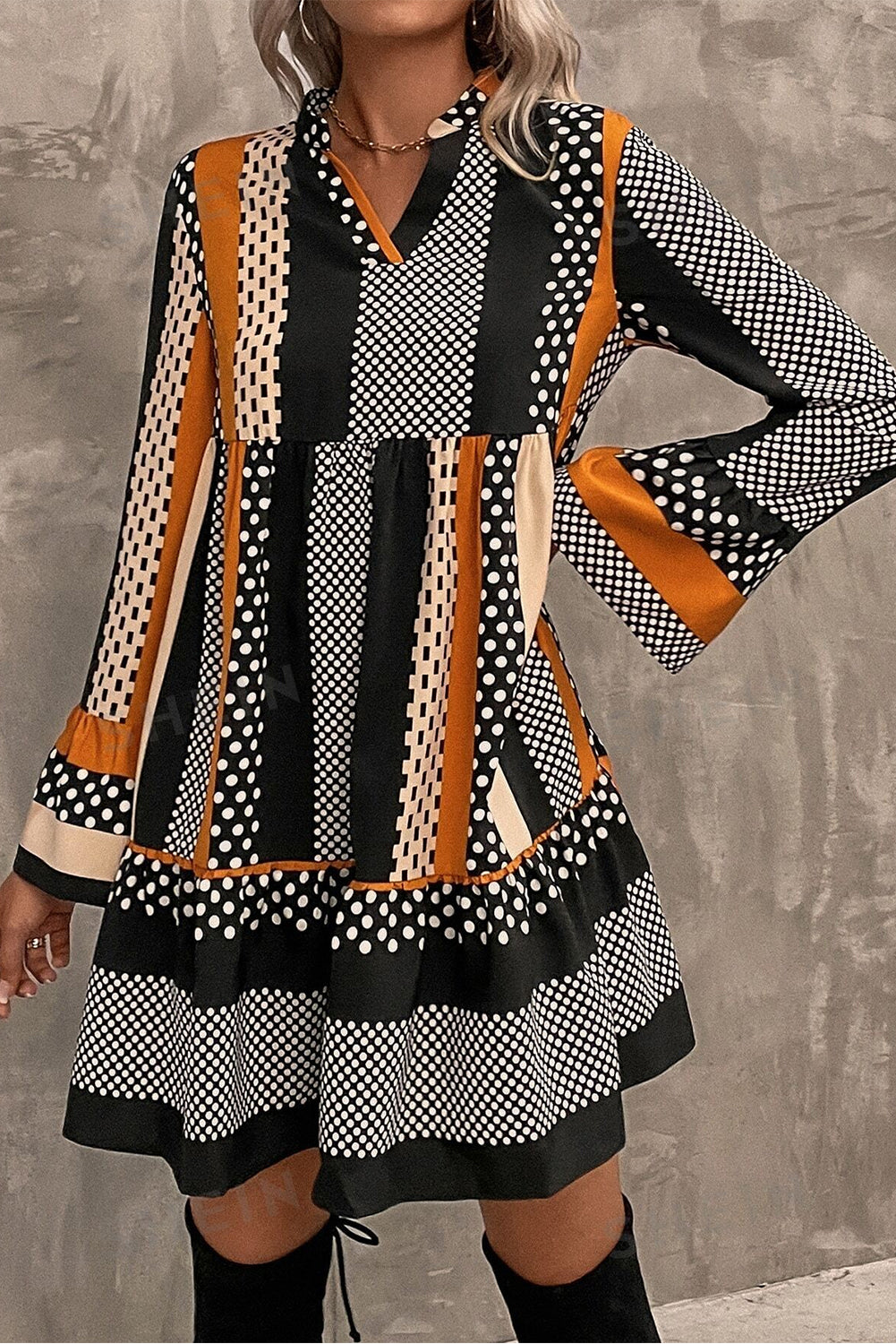Black Striped Polka Dot V-Neck Mini Dress