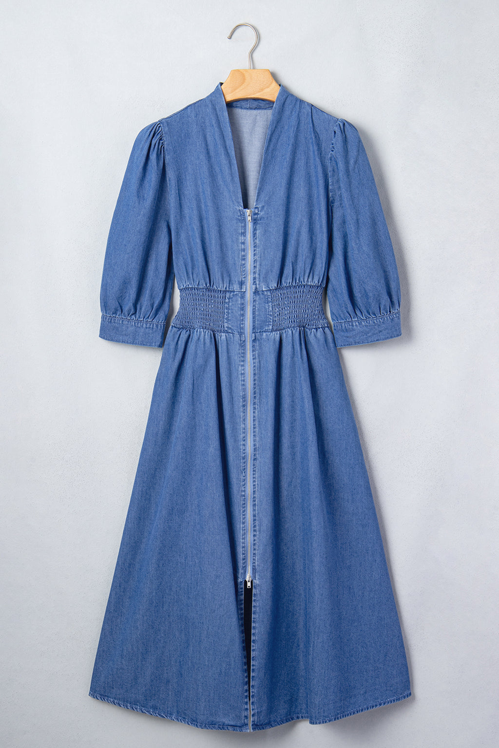 Blue V-Neck Zip-Front Denim Midi Dress