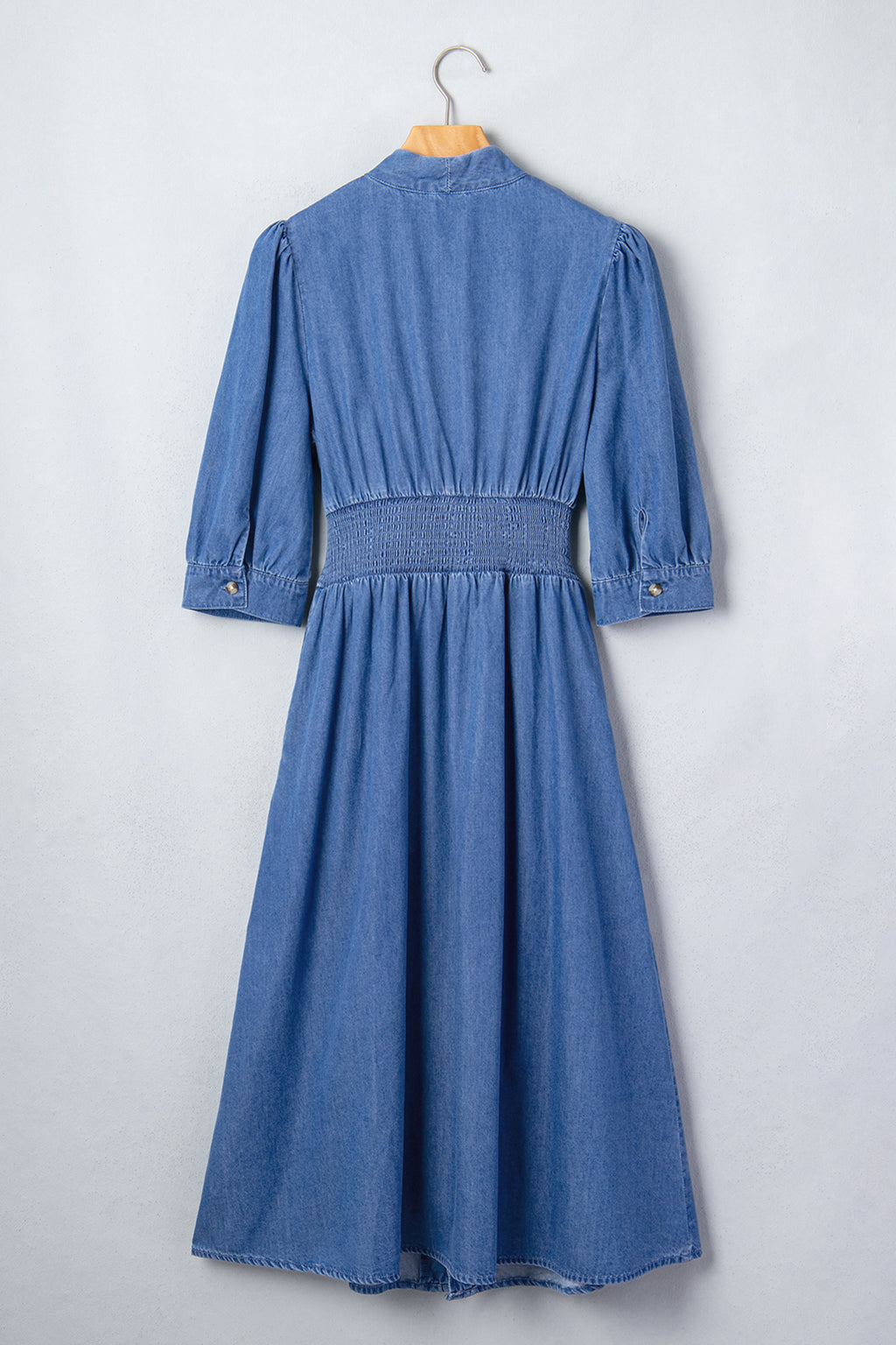 Blue V-Neck Zip-Front Denim Midi Dress
