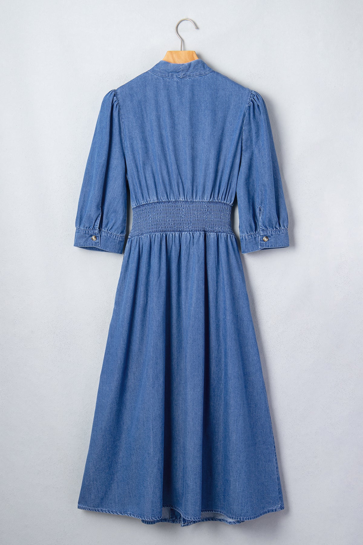 Blue V-Neck Zip-Front Denim Midi Dress