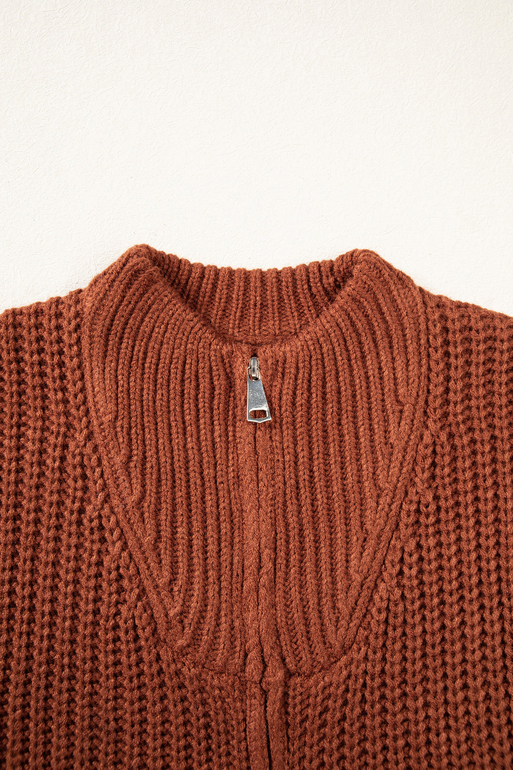 Cream Short-Sleeve Zip-Neck Knit Sweater
