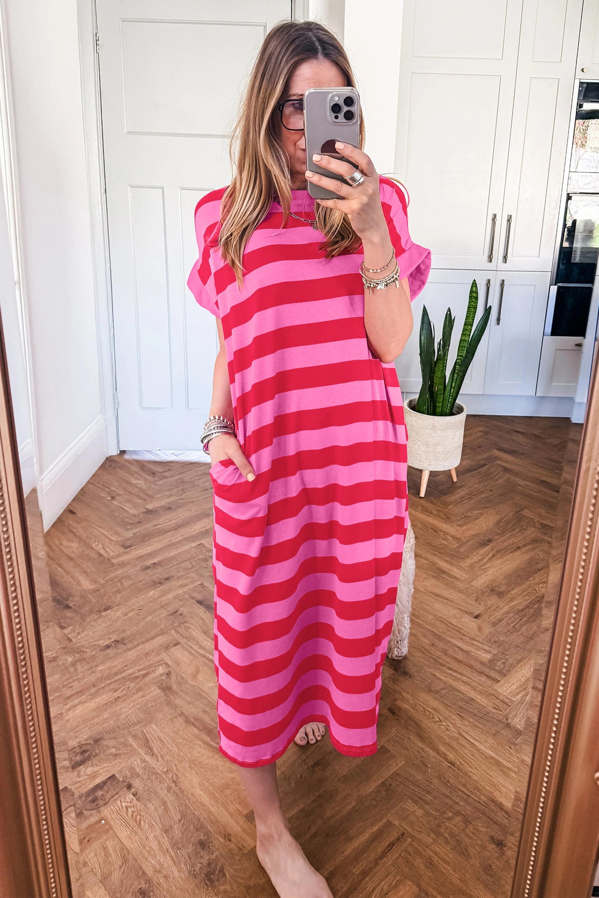 Rose Striped Pocket T-Shirt Maxi Dress