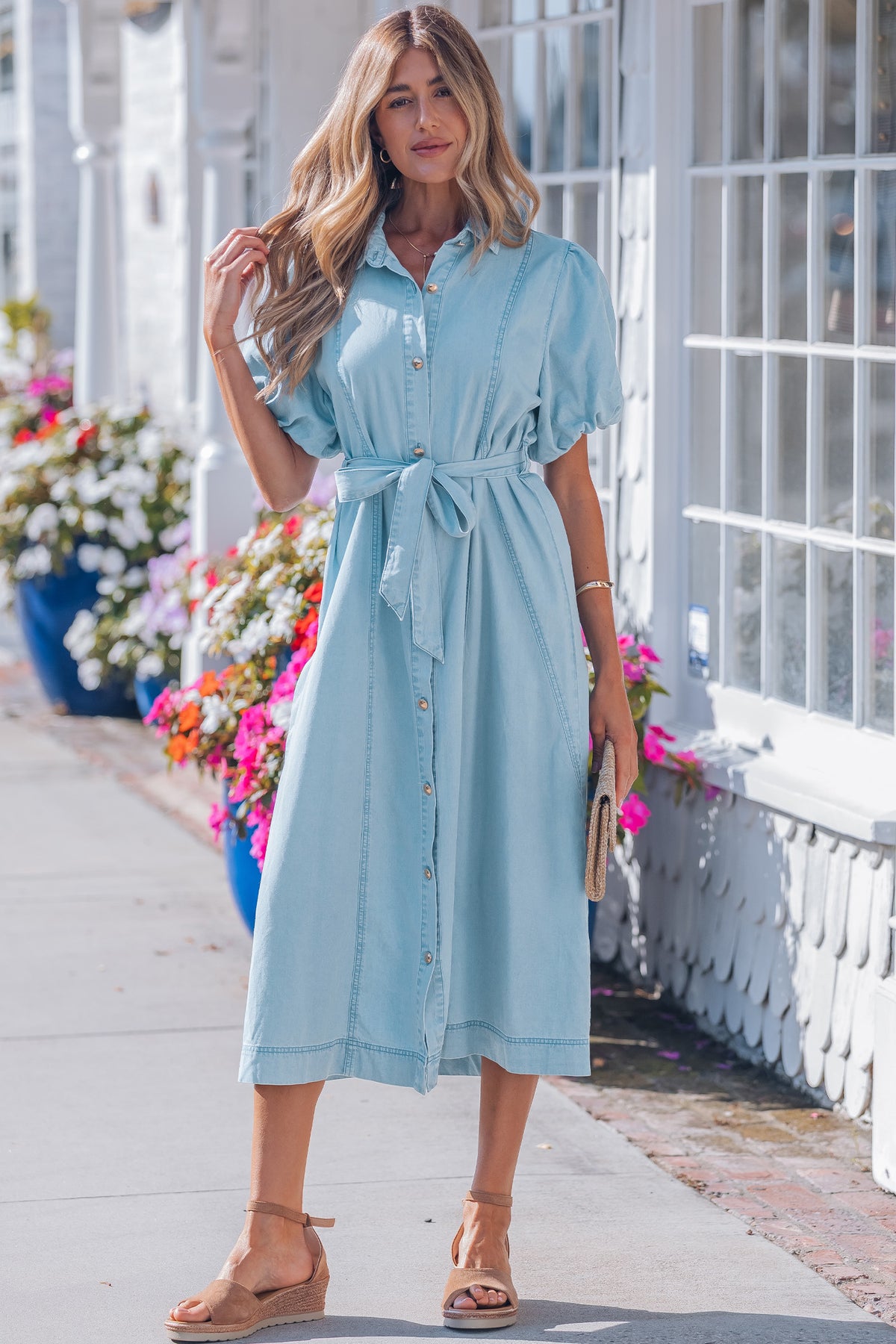 Blue Button-Front Puff-Sleeve Denim Midi Dress